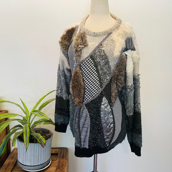 Vintage L 1980's pullover. size M. Fur and wool. Rabbit fur. Unique grey patchwork Bulky Pullover. Bold Oversized Sweater. Dropped Shoulders