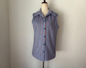 Red, white and blue size M polyester tank top blouse. Homemade. funky geometric pattern