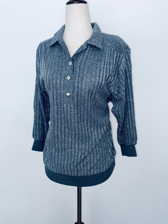 1970's Lurex Silver collared blouse. Stretchy knit