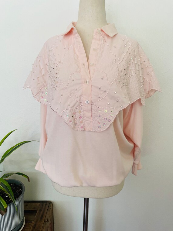 size M beaded light pink blouse 1990s Button Down… - image 5