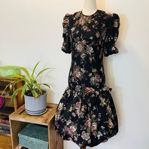 1980&#39;s sexy drop waist Act I dress. frilly dress with puff sleeves. New Years or Christmas in the 80s. Frilly. Dramatic dress. crinoline