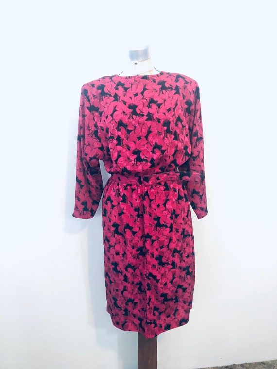 Sz 11/12 Floral Hot Belted Pink 80s dress. Bright… - image 3