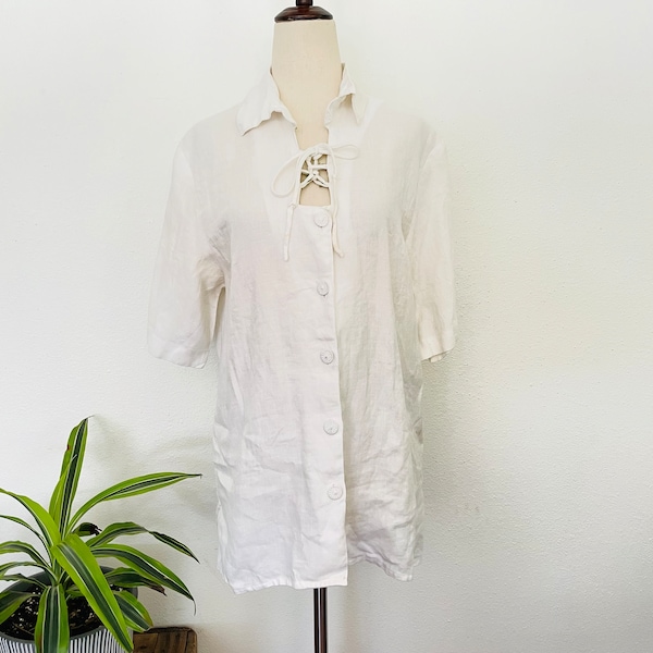 1990s Amann Hand Arbeit In Austria White linen shirt. Prairie. White. lace up. Bohemian crisp white blouse. classic. old money. hand made.