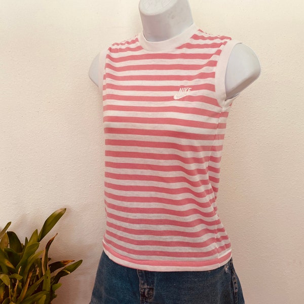 Vintage size small Striped pink and white Nike brand Tank. 1970s.1980s. Classic preppy sleeveless shirt. Striped Cami. sporty 1980s fashions