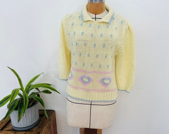 Yellow soft knit pullover sweater with collar and puff sleeves. Blue, yellow, pink Pastels. Harajuku style. Adorable knit ramie pullover