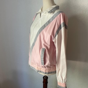 Klassiek maat L jaren 80 omkeerbaar katoenen windjack. Jaren 80-stijl voor dames. Roze/wit. Polyvulling. Knoop omhoog. Schattig lente-/herfstjack