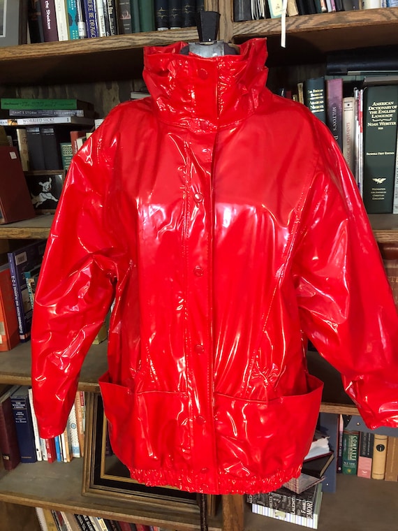 Size S/M All Vinyl Shiny Red rain coat. 1980’s. Pa