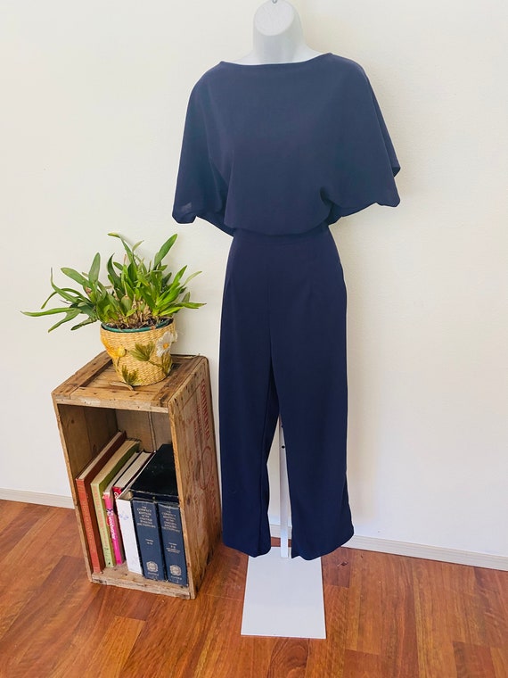 Navy Blue early 1980s jumpsuit. One piece poly ro… - image 8