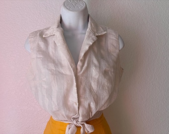 1960's white cotton sleeveless summer crop top with ties and collar. Stockton. Size S.