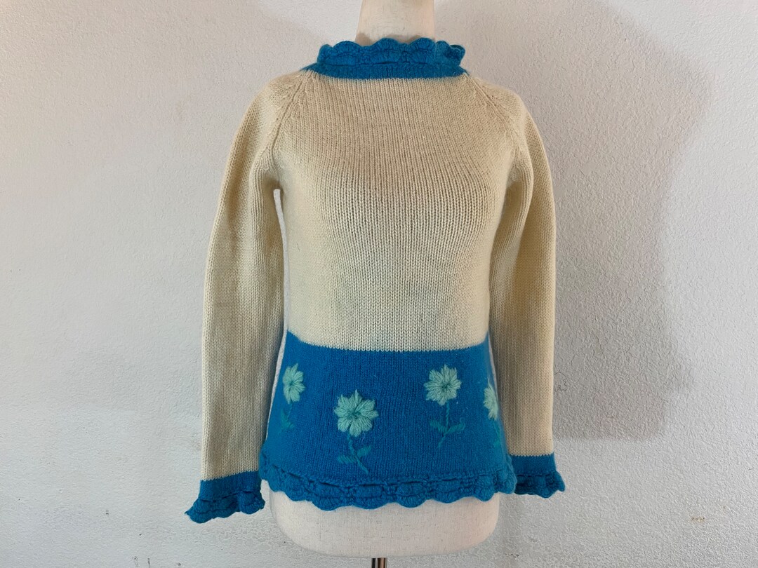Vintage 60s Mod Celadon Wool/Crochet Sweater, British Hong Kong S