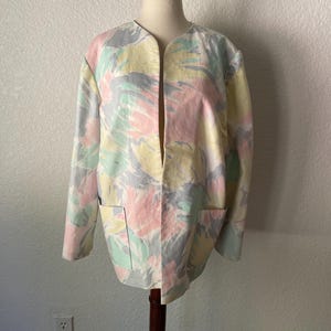 quick ship. Sz Large Vintage Oversized abstract print blazer. pastel watercolors. 80s menswear look.  Cotton Blend. White, green. bosscore.