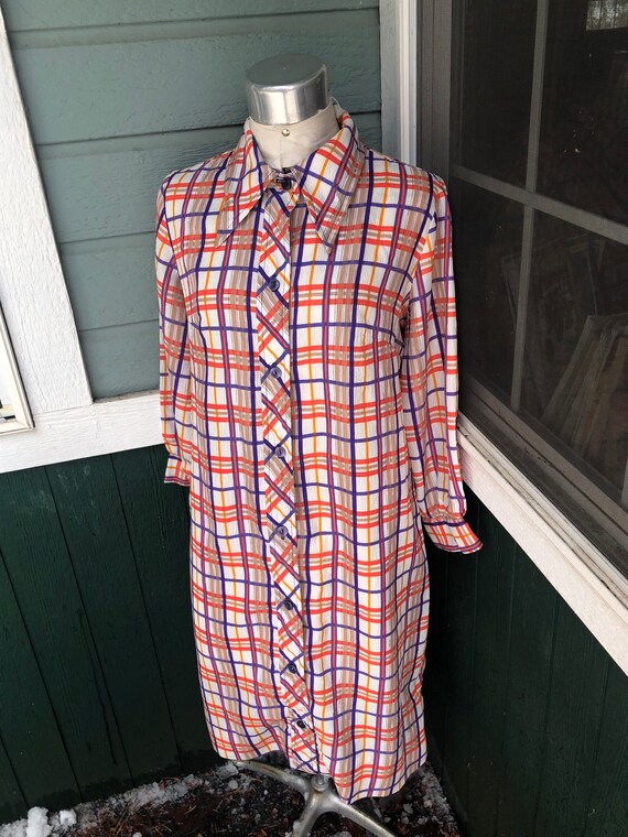 Vtg sz L Cay Artley Plaid 60’s Shirt Dress. Thin P