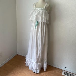 1970&#39;s size XS long eyelet white prairie maxi with green/blue bow. handmade prairie maxi gown. Cotton Blend. Hippie boho style. Ruffle top