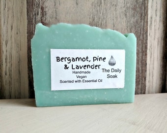 Bergamot, Lavender and Pine natural bar soap scented with essential oils.