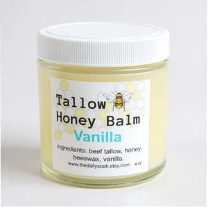 Vanilla tallow balm, grass fed beef tallow, Raw honey and tallow moisturizer, sensitive skin face cream. 4oz jar more scents in drop down.