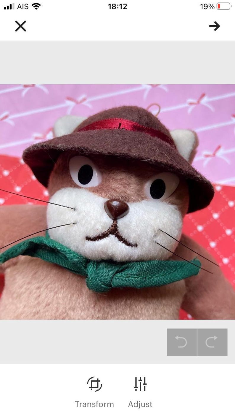 May include: A plush toy squirrel with a brown hat and a green scarf. The squirrel has a white face, black eyes, and long whiskers. The hat is brown with a red band. The toy is a light brown color.