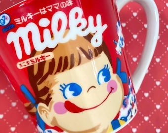 Kawaii Milky Peko chan Fujiya ceramic red mug cup Japanese Character Sweets Mascot Collectible from Japan