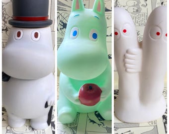 Kawaii vintage 1990 Muminki, Muminki lub Hattifatteners z miękkiej gumy winylowej Sofubi zabawka/skarbonka z Japonii: wybierz jedną