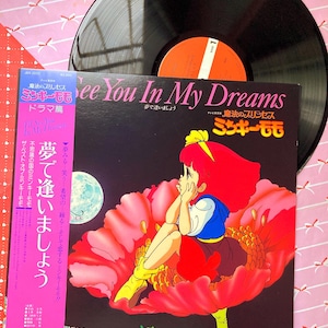 Puede incluir: Un disco de vinilo con una etiqueta negra y una imagen colorida de una niña sentada en una gran flor rosa. El texto en la etiqueta dice "See You In My Dreams" y "魔法のプリンセス ミンキーモモ".