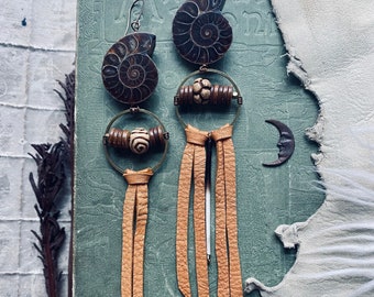 Ammonite and leather tassel mismatched earrings