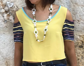 Top seta giallo, camicetta di seta, blusa seta, top corto, crop top, camicia seta, canotta donna, camicetta seta, tunica seta, top elegante