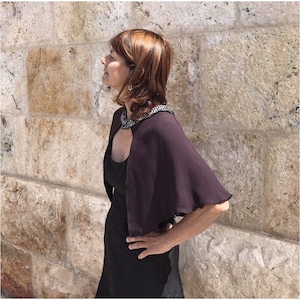 Burgundy silk capelet, purple bolero shrug, purple capelet, evening shawl, shoulder cape, cover up, silk blouse, women top, silk cape