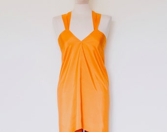 Orange dress, orange silk dress, criss cross dress, low back dress, one of a kind, summer midi dress, silk wrap dress,  women party dress