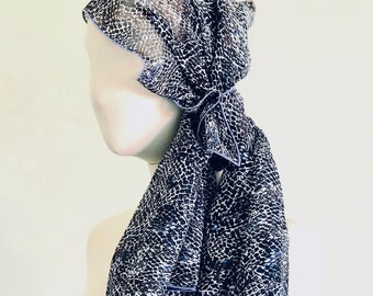 Black and white scarf, long chiffon scarf, black silk scarf, abstract print scarf, black scarf, silk scarf women, one of a kind, silk hair