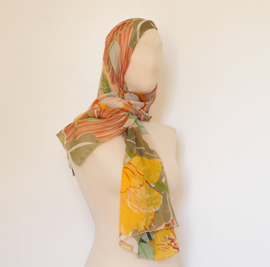 Yellow Silk Scarf, Floral Shawl, Yellow Scarf, Chiffon Scarf  display picture 1