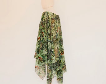 Green silk caftan, floral cape, chiffon cape,  summer poncho, green cape, one of a kind, silk top, cover up, poncho women, cape  shawl