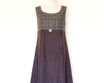 Brown and grey dress, brown midi dress, loose dress, one of a kind, plaid dress, a line dress, winter wool dress, handmade dress, shift