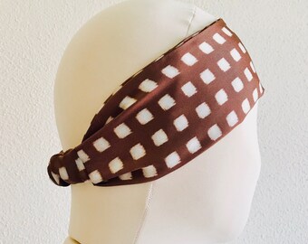 Brown checkered headband, silk headband, brown headband, head band, head wrap, silk hair wrap, flat headband, one of a kind, stretchy, thin