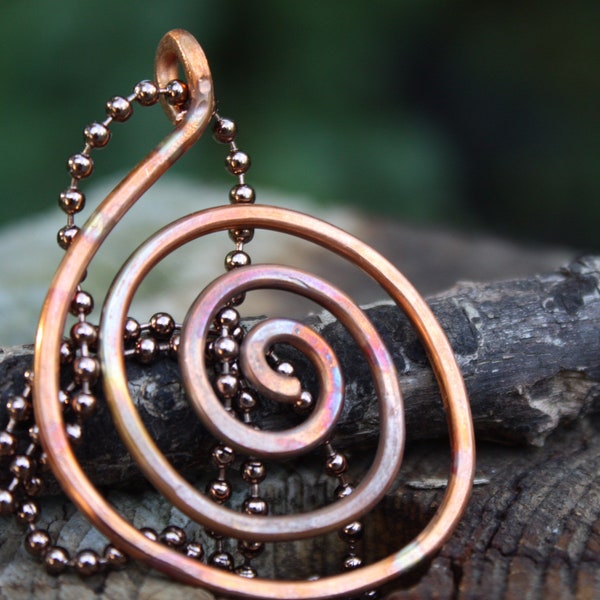 Copper jewelry, copper necklace, pure copper necklace spiral, hammered copper, fire painted