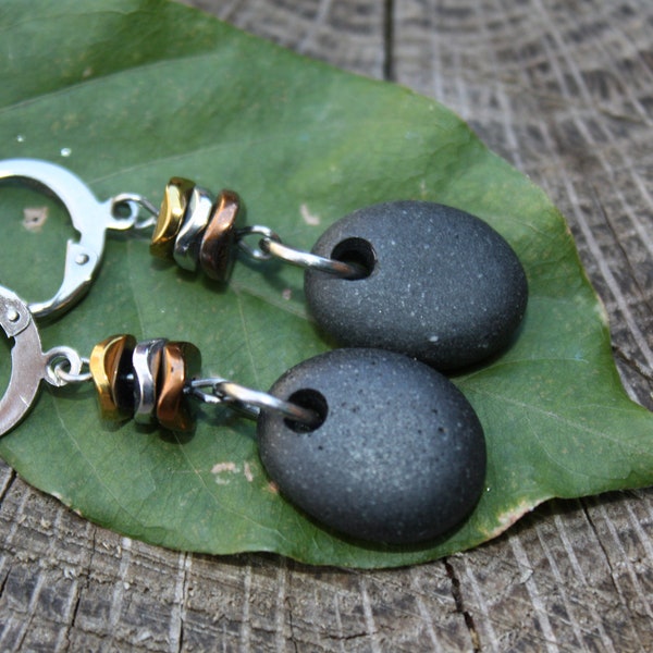 River Rock Earrings, Stone Earrings, Lake Superior Basalt stone earrings, Northwoods Jewelry, Beach pebble earrings