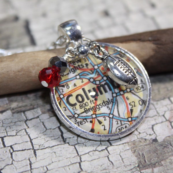 Ohio State necklace, Buckeye jewelry, OSU necklace, Buckeye necklace map of Columbus, glass pendant with scarlet and gray beads, Ohio sports