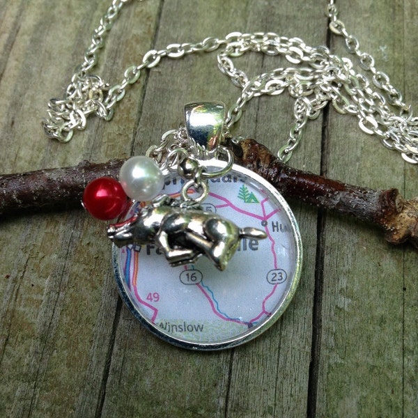 University of Arkansas Razorbacks necklace, map of Fayetteville, AR in a glass pendant with a Razorback  charm and beads, Arkansas Fight!