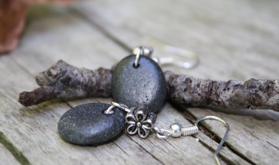Rock Jewelry Lake Superior Beach Pebble Earrings Silver Flower