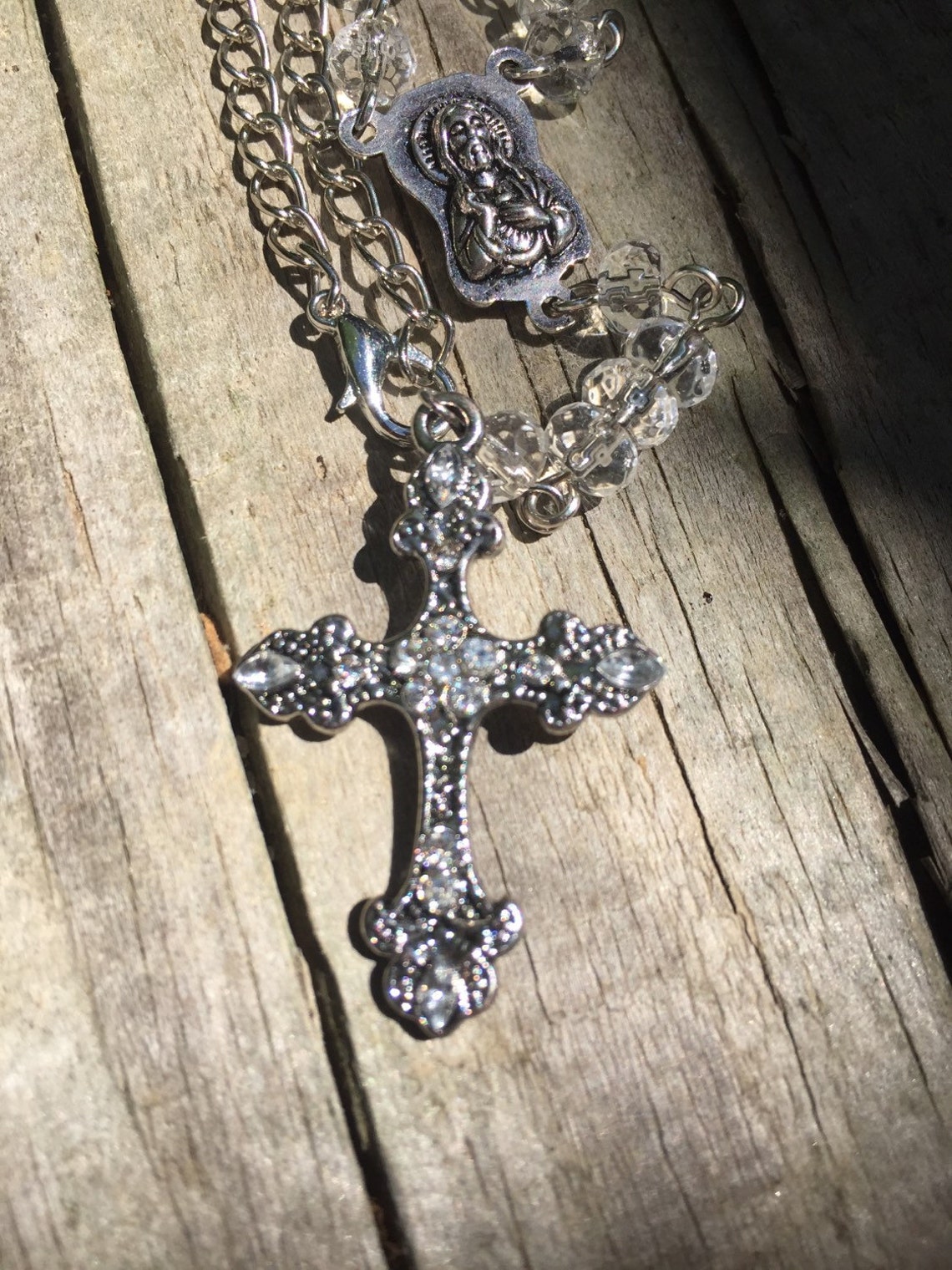 Small rosary rear view mirror charm Catholic Christian cross | Etsy