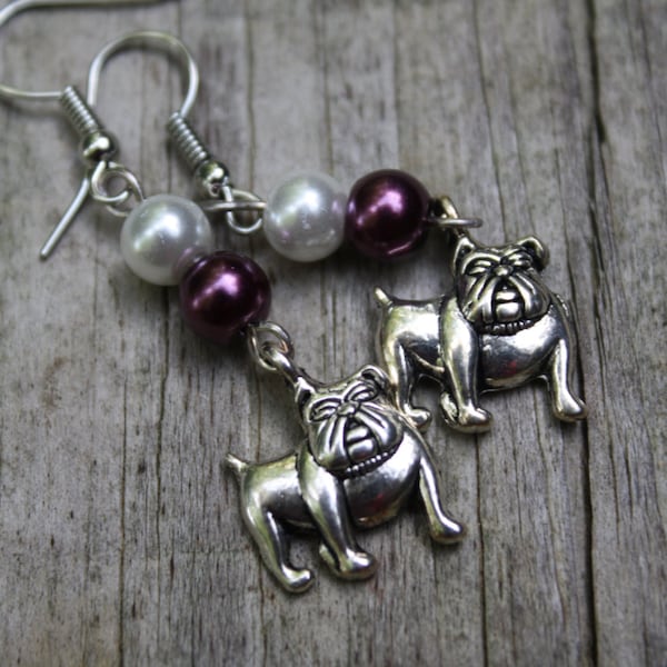 Ms State, Mississippi State Bulldogs earrings, maroon and white pearls with a silver Bully Bulldog charm, Hail State!