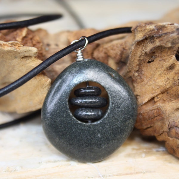 Lake Superior rock necklace, rock cairn necklace, drilled rock, river rock jewelry, Stacked rocks, stone necklace, Beach pebble jewelry