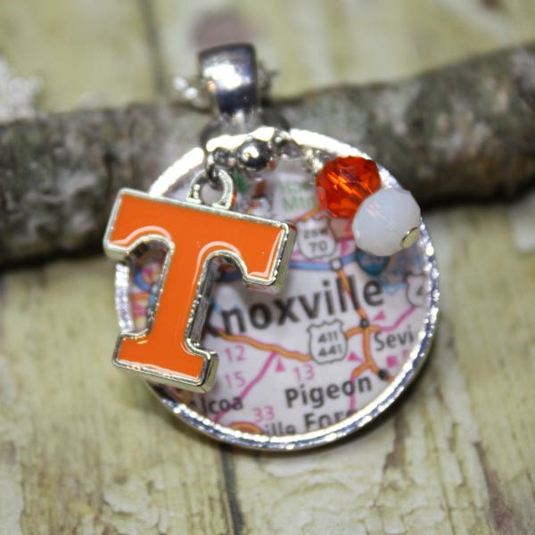 Tennessee Volunteers necklace, Tn Vols necklace, game day necklace, TN charm, University of Tn, Knoxville map, UT Orange and White necklace