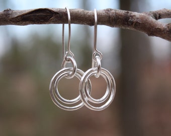Sterling Silver artisan hoop earrings, silver dangle earrings, round earrings, rustic sterling, everyday earrings, silver jewelry