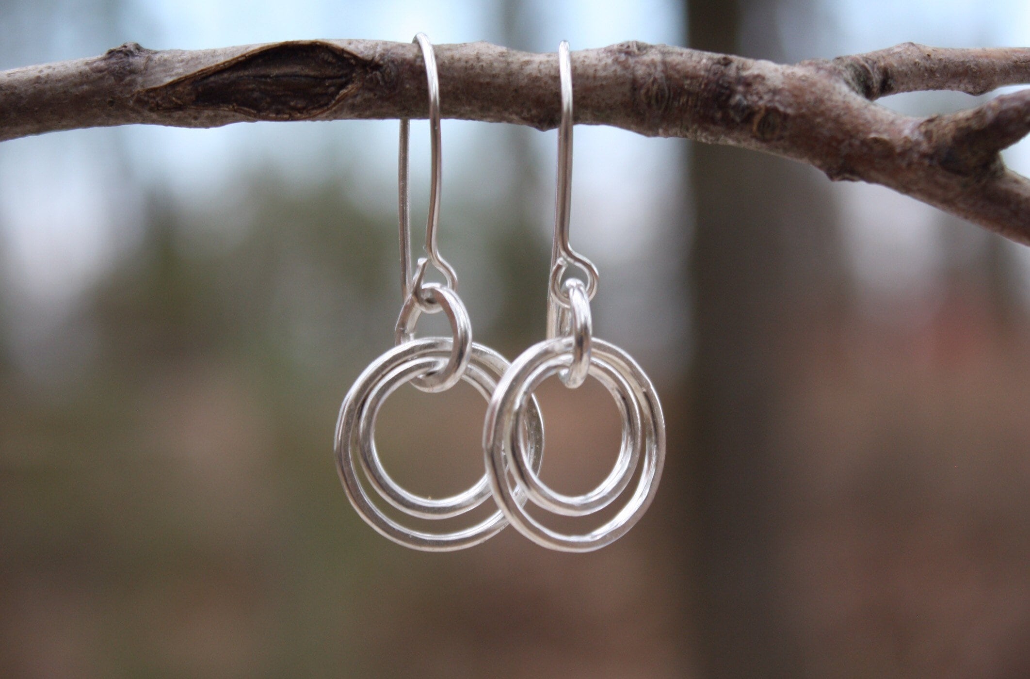 Rustic Sterling Silver Dangle Hoop Earrings, Handmade Artisan Jewelry