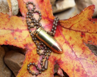 Bullet jewelry, bullet necklace, 9mm caliber bullet brass necklace, redneck bullet jewelry.