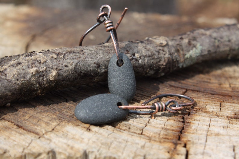 beach pebbles basalt stone earrings river rock earrings Lake Superior rock earrings Great Lakes jewelry black rocks with copper