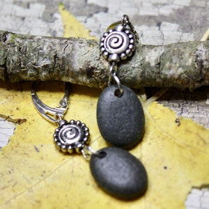 Lake Superior Basalt stone earrings with silver spiral beads, Northwoods jewelry, river rock, basalt earrings