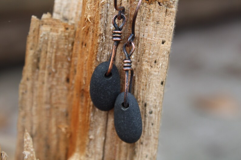 beach pebbles basalt stone earrings river rock earrings Lake Superior rock earrings Great Lakes jewelry black rocks with copper