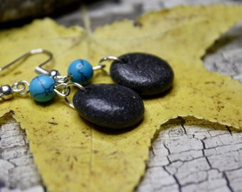 Lake Superior Basalt stone earrings with turquoise  beads, Northwoods jewelry, river rock, basalt earrings, howlite