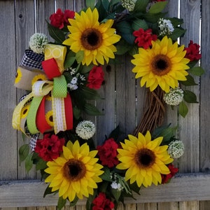 Yellow Sunflower Wreath, Red Geranium Wreath, Spring/Summer Grapevine Wreath,  Everyday Grapevine Wreath, Large Front Door Wreath,