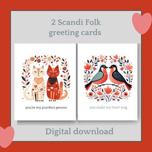 Tarjetas de felicitación en blanco con el mensaje "Love" escandinavo: 2 diseños de arte popular únicos: descarga digital instantánea